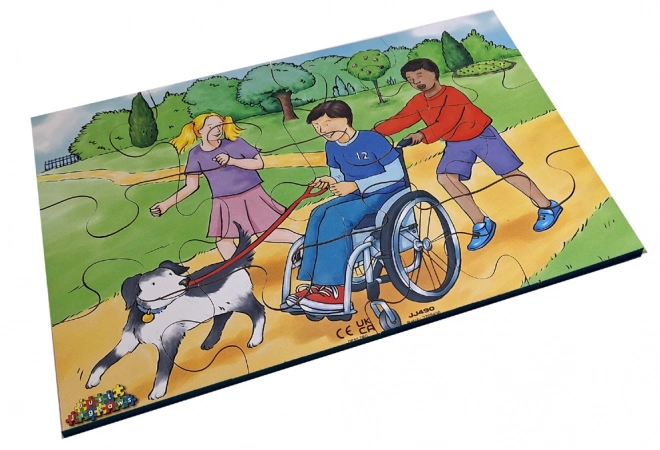 Drewniane puzzle 72 elementów z motywami inkluzyjności