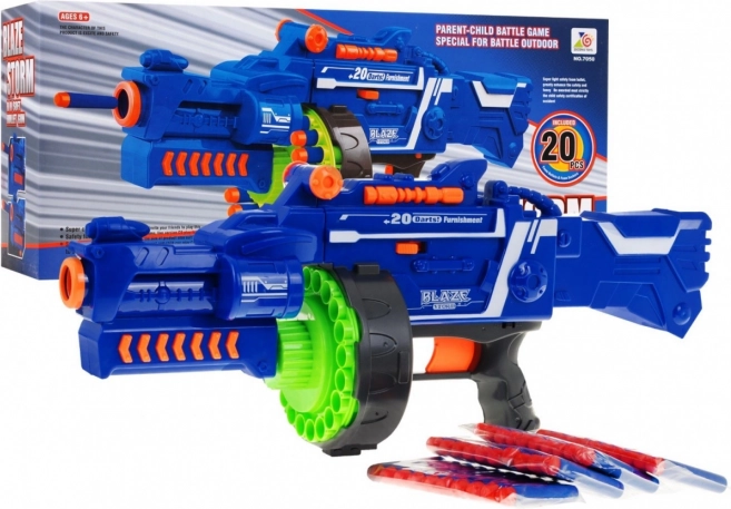 Półautomatyczny dziecięcy blaster BLAZE STORM 6+ z bębnowym magazynkiem i 20 piankowymi strzałkami