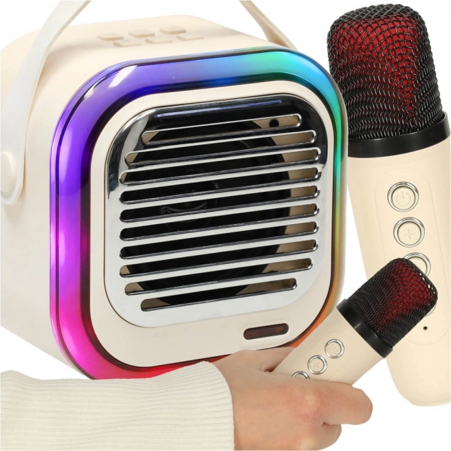 Zestaw karaoke z głośnikiem Bluetooth 10 W, 2 bezprzewodowe mikrofony i RGB LED – kremowy