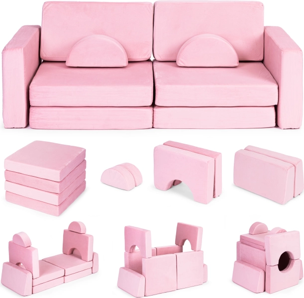 Duża dwuosobowa modułowa składana sofa dla dzieci DIY z 10 miękkimi poduszkami - różowa ECOTOYS