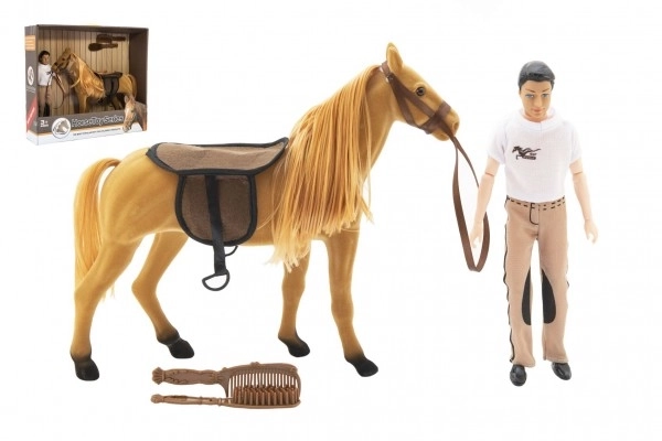 Koń pluszowy do czesania + figurka 30cm plastik z akcesoriami w pudełku 45x39x12cm