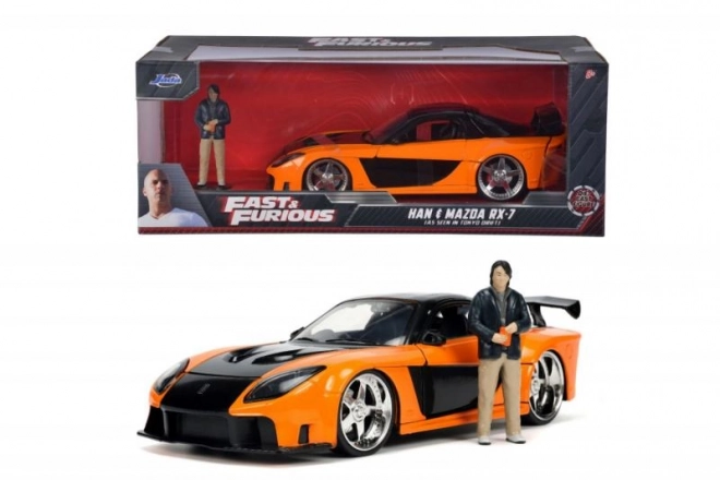 Model samochodu Szybcy i Wściekli 1997 Mazda RX-7 z figurką Han Lue