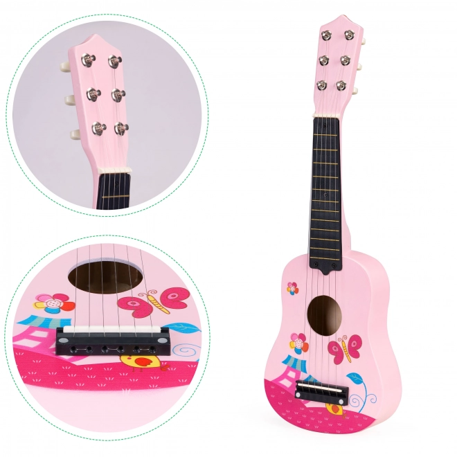 Dziecięca drewniana gitara, metalowe struny, różowa ECOTOYS