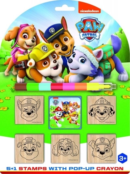 Stempelki 5+1 z poduszką drewnianą 5x5cm z kredką woskową Psi Patrol/Paw Patrol na karcie