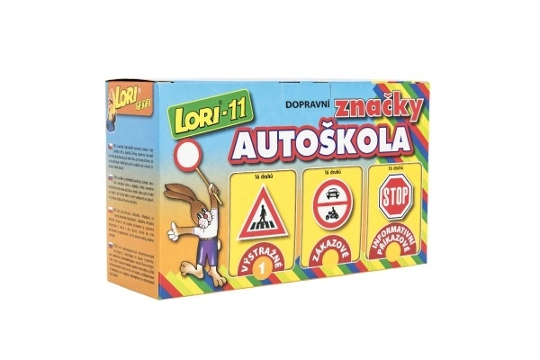 Zestaw LORI 11 Szkoła jazdy znaki drogowe 16szt+2 pachołki+auto plastikowe w pudełku 22x13x6cm