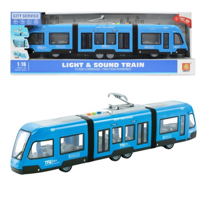 Tramwaj 1:16 na napęd cierny z otwieranymi drzwiami oraz efektami świetlnymi i dźwiękowymi