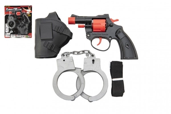 Pistolet na kapsle 8 strzałów plastikowy 13cm z kaburą i kajdankami na karcie