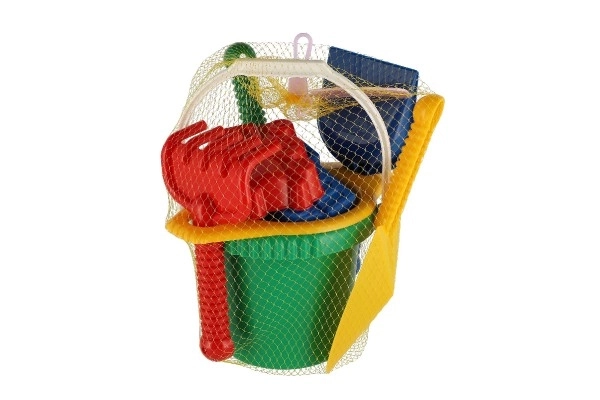 Wiaderko z sitkiem łopatka kupiecka łopatka grabki plastik w siatce 20x28x12cm 12m+