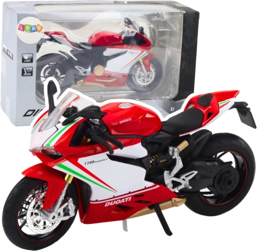 Metalowy sportowy motocykl 1:12 z światłami i dźwiękami – czerwono‑biały