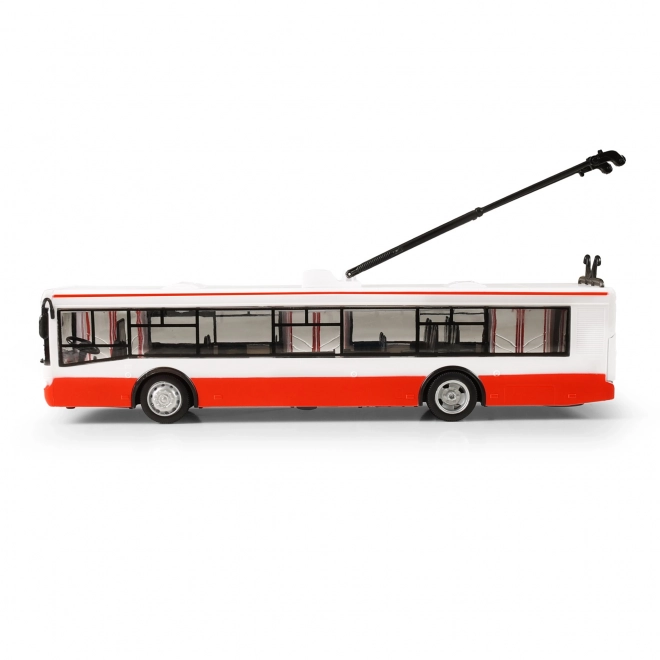 Trolejbus mówiący po czesku plastikowy 29cm czerwony wolny ruch na bat. ze światłami z dźwiękiem w opak. 33x11x10cm