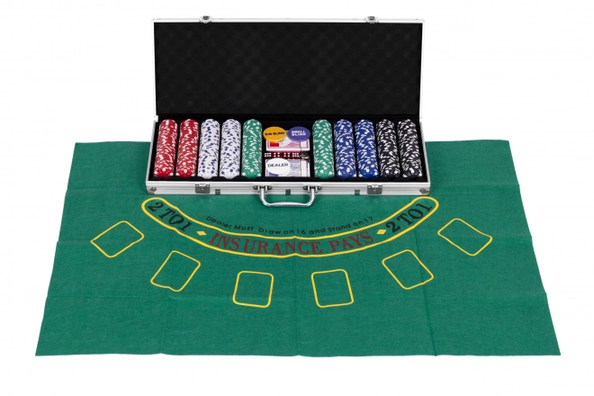 Zestaw Poker i Blackjack – 500 żetonów, 2 talie kart, kości, mata do gry, zamykana walizka