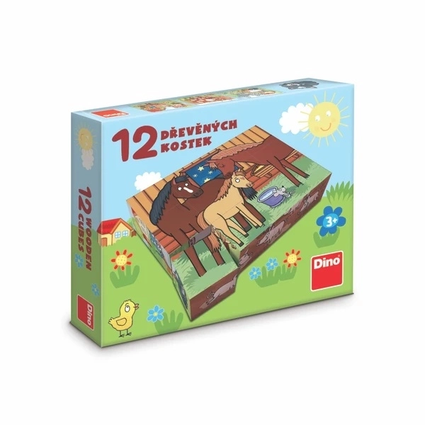 Klocki kubus zwierzęta domowe drewno 12 sztuk w pudełku 21x18x4cm