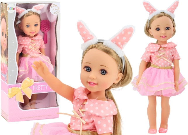 Lalka w różowej sukience, długie włosy i opaska, 38 cm