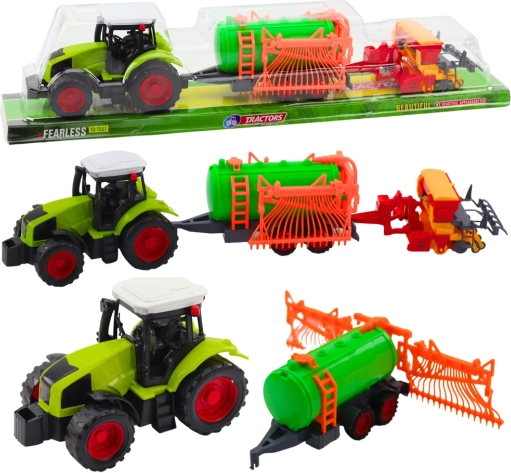 rolniczy traktor z cysterną i zgrabiarką – zestaw dla dzieci