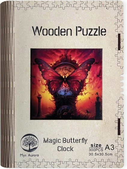 Drewniane puzzle Magiczny motyli zegarowy obraz