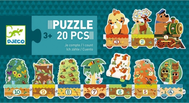 DJECO Puzzle Pociąg ze zwierzętami i liczbami 20 elementów