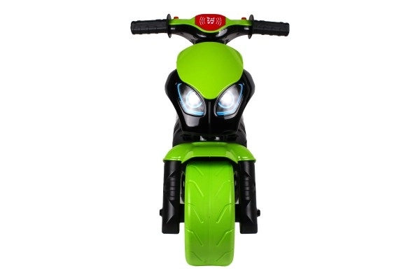 Odpychacz motocykl zielono-czarny plastik na baterie ze światłem i dźwiękiem w worku 36x53x74cm