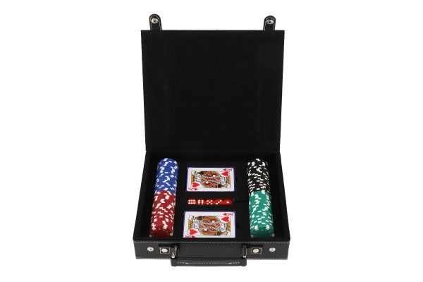 Zestaw pokerowy 100 szt. + karty + kostki w walizce w pudełku 28x25x8cm