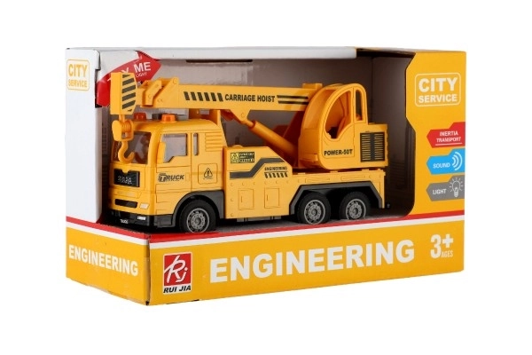 Dźwig zabawkowy plastikowy 16cm z napędem i bateriami z światłem i dźwiękiem w pudełku 21x13x9cm