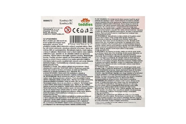 Kombajn/ezačka RC plastik 22cm 27MHz na baterie z światłem 2 rodzaje w pudełku 30x21x12cm