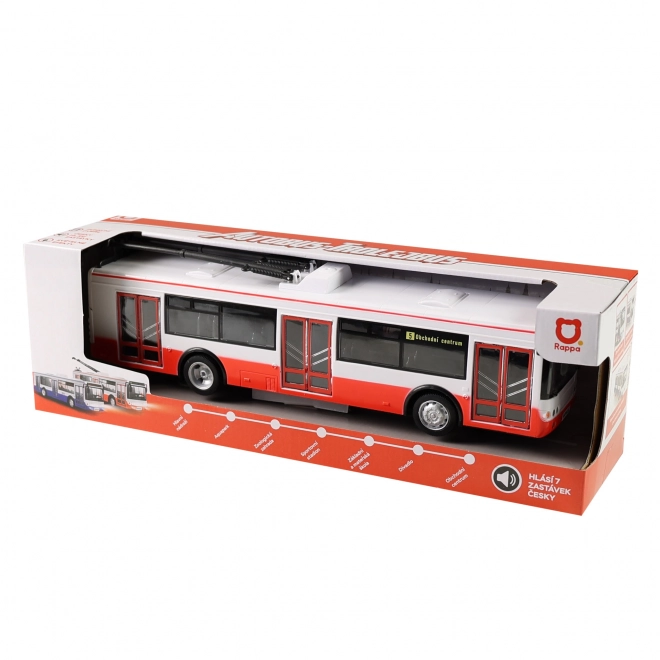 Trolejbus mówiący po czesku plastikowy 29cm czerwony wolny ruch na bat. ze światłami z dźwiękiem w opak. 33x11x10cm