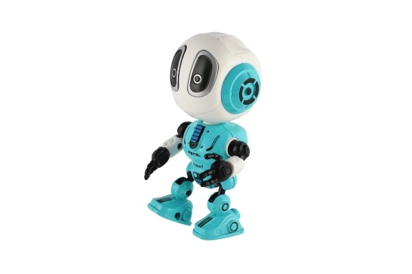 Robot ECHO powtarzający zdania metalowy 12cm niebieski na baterie z dźwiękiem i światłem w pudełku 10,5x15x5,5cm