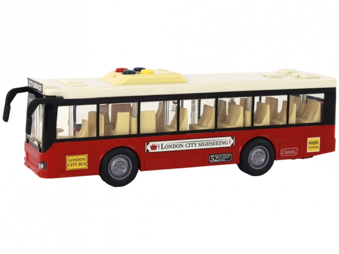 Czerwony miejski autobus na baterie ze światłami i dźwiękami 1:16