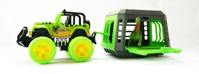 Jeep z przyczepą i dinozaurem
