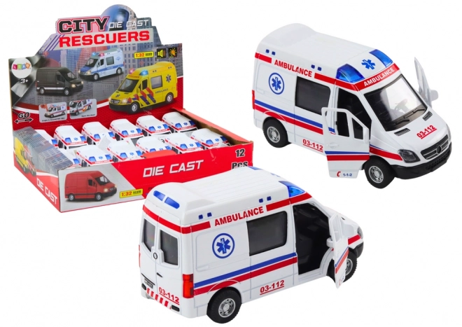 zabawka ambulans z otwieranymi drzwiami, światłami i dźwiękami 1:32 biała