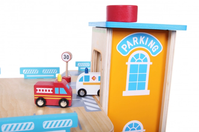 Drewniany tor garażowy z windą + samochodziki Ecotoys