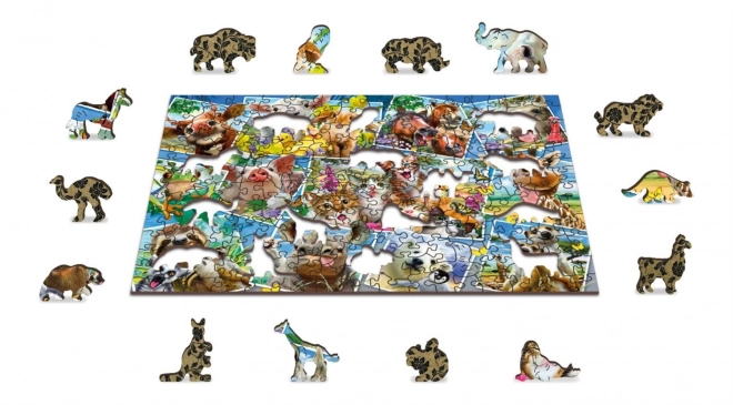 Drewniane puzzle z figurkami - pocztówka ze zwierzętami