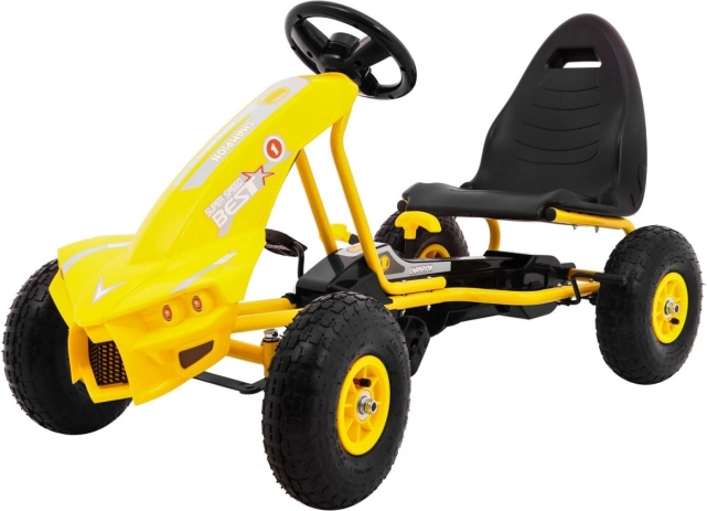 Gokart na pedały Champion dla dzieci 3+ żółty z pompowanymi kołami, regulowanym siedzeniem i hamulcem ręcznym