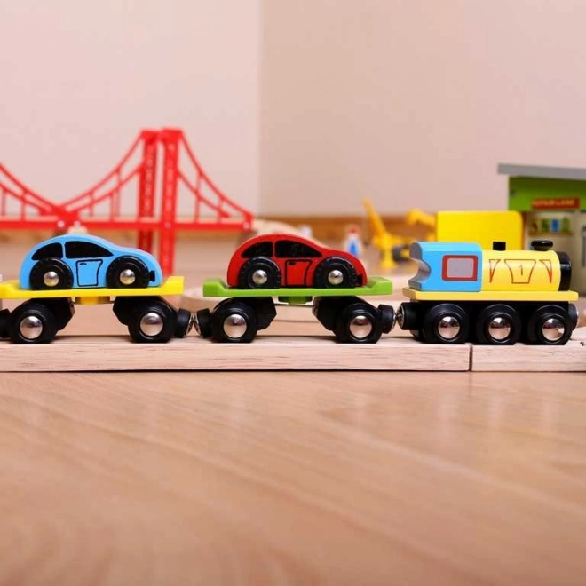Bigjigs Rail Pociąg towarowy z samochodami i torami