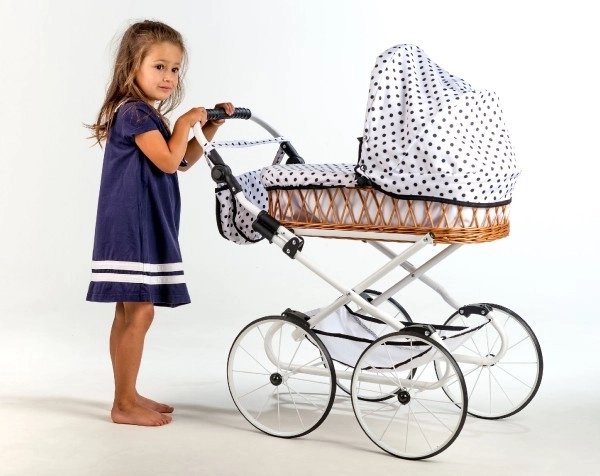 Wózek Monika RETRO wiklinowy konstrukcja biała biały w kropki wysokość uchwytu 76cm regulowana