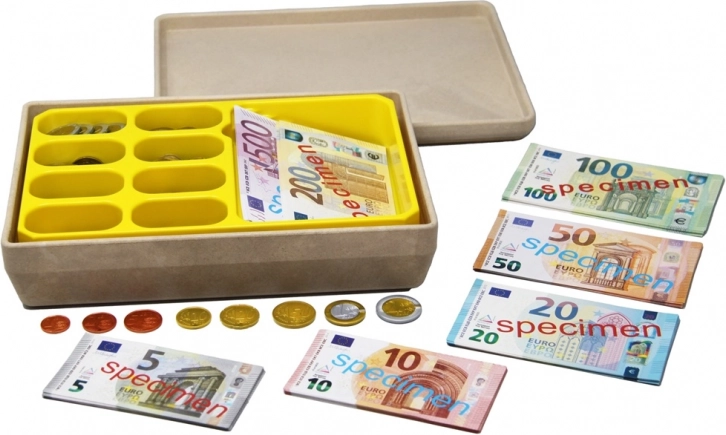 Dziecięca kasa z banknotami i monetami euro