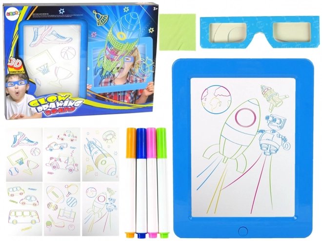 Magiczne oświetlane 3D okulary na tablicy niebieskie