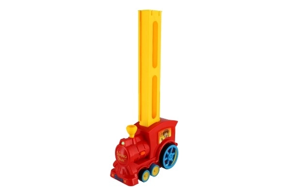Lokomotywa/Pociąg domino układający plastikowy 16cm na baterie z dźwiękiem ze światłem w pudełku 33x23,5x8cm