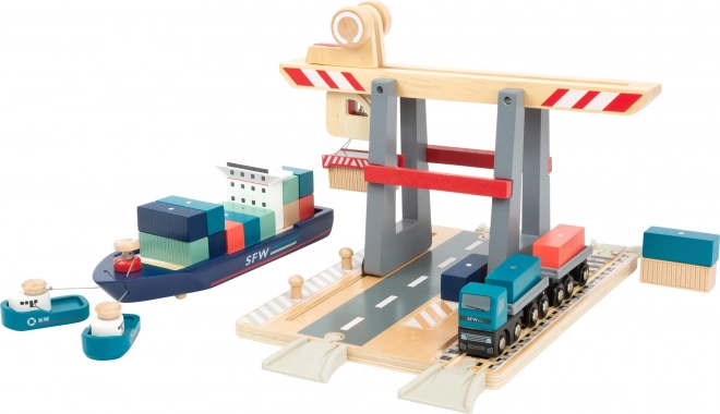 Small foot – portowe depo z akcesoriami – drewniana boczna kolejka z dźwigiem i kontenerami
