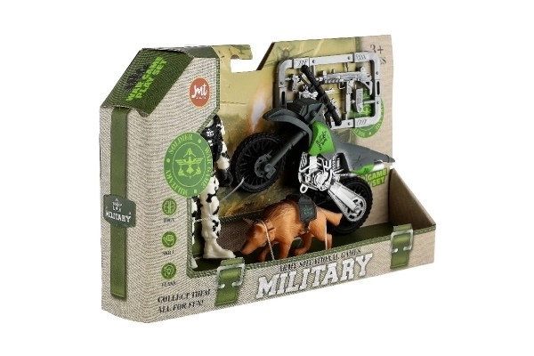 Zestaw wojskowy z plastikowym motocyklem, żołnierzem, psem i akcesoriami w pudełku 23x14x4cm