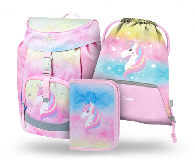 ZESTAW BAAGL 3 Airy Rainbow Unicorn: tornister, piórnik, worek
