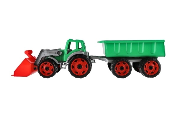 Traktor/ładowarka/koparka z przyczepą z plastikową łyżką na wolnym biegu 2 kolory w siatce 16x61x16cm