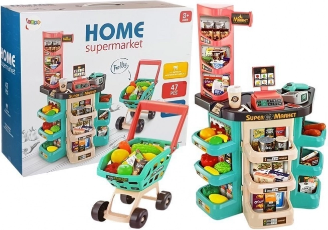 Dziecięcy zestaw supermarketu z koszykiem, kasą, wagą i skanerem (47 elementów)
