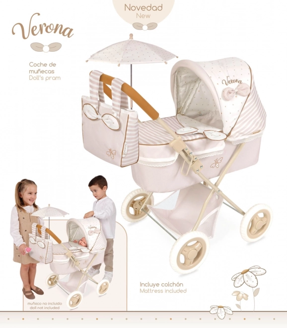Składany wózek dla lalek z parasolką i torbą Verona 60 cm
