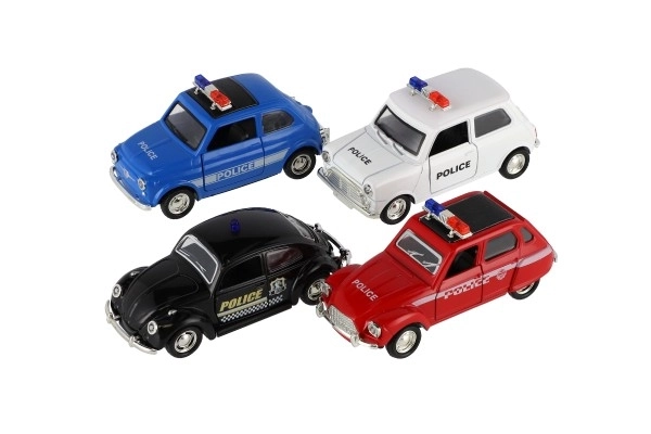Auto policyjne retro 11cm metal/plastik na napęd wsteczny na baterie ze światłem 4 rodzaje