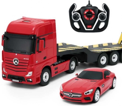 rc ciężarówka mercedes-benz actros z naczepą i mercedes-benz amg gt