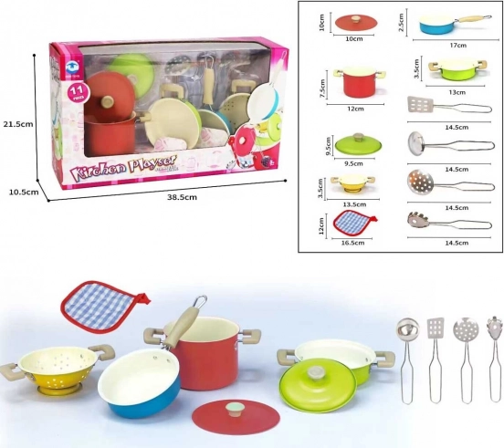 Kolorowy dziecięcy zestaw garnków i akcesoriów kuchennych – metalowy, 11‑elementowy