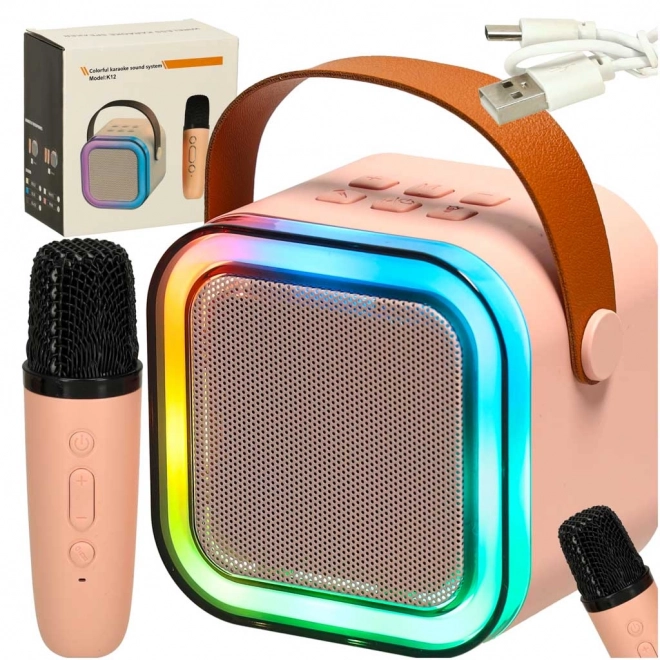 Zestaw karaoke mikrofon + przenośny głośnik BLUETOOTH USB LED różowy