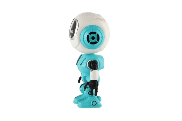 Robot ECHO powtarzający zdania metalowy 12cm niebieski na baterie z dźwiękiem i światłem w pudełku 10,5x15x5,5cm