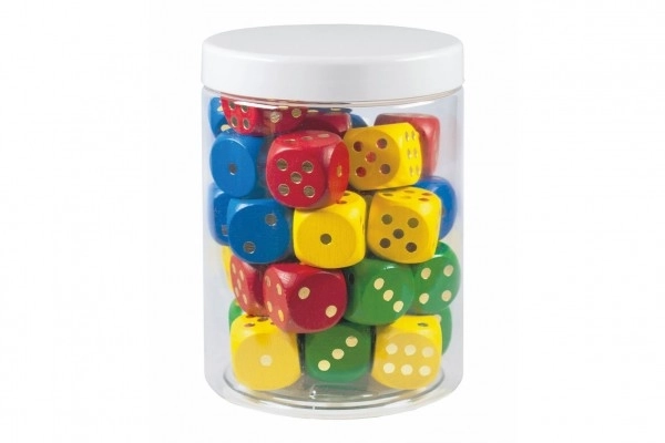 Kolorowe drewniane kostki do gry, gra towarzyska 25mm 34 szt. w plastikowym pojemniku 10x14cm 12m+