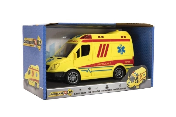 Karetka plastikowa 20cm na napęd kinetyczny na baterie z dźwiękiem i światłem w pudełku 26x15x12cm